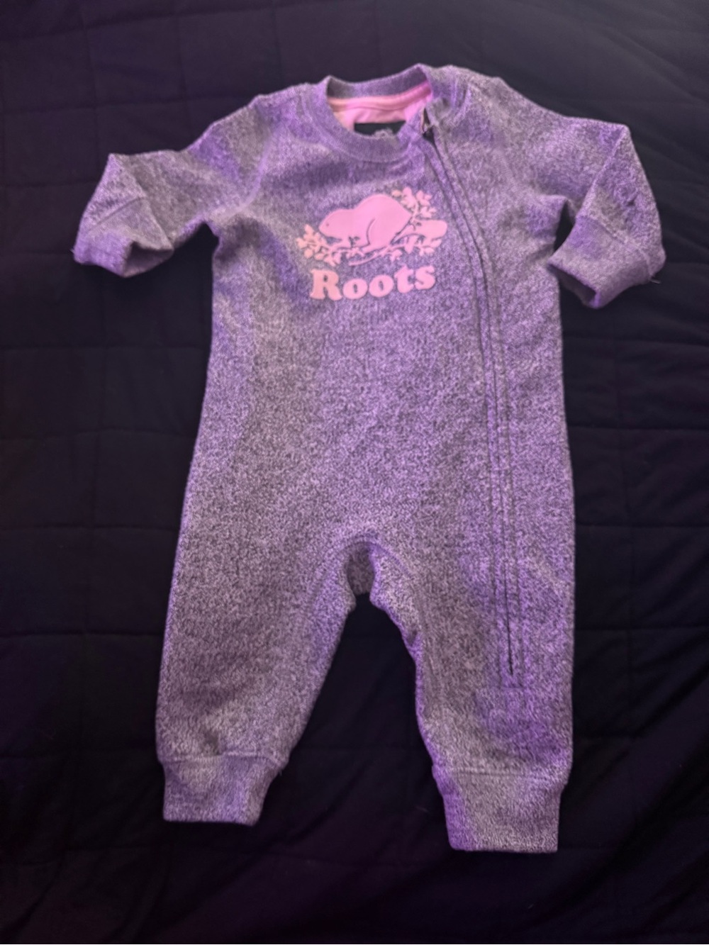 Roots Heather Gray Baby One-Piece with Pink Logo